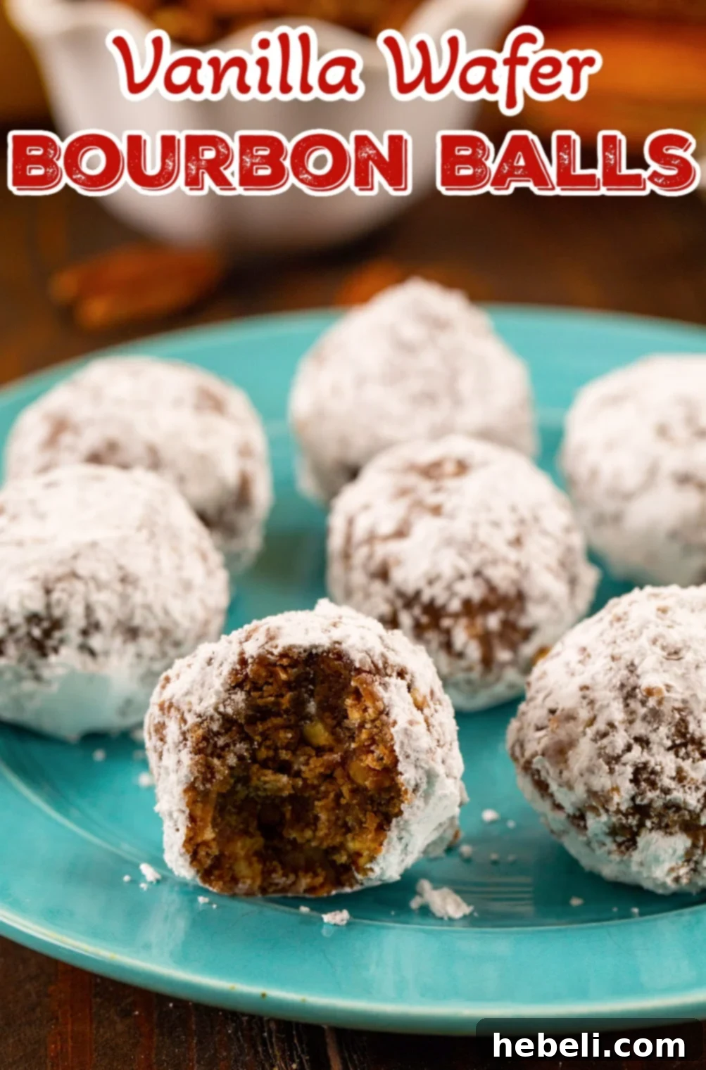 Vanilla Wafer Bourbon Balls arranged on a festive serving plate, ready to be presented.