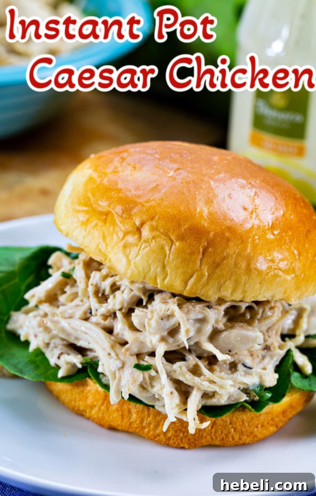 Instant Pot Zesty Caesar Chicken 5 Instant Pot Caesar Chicken on a bun.