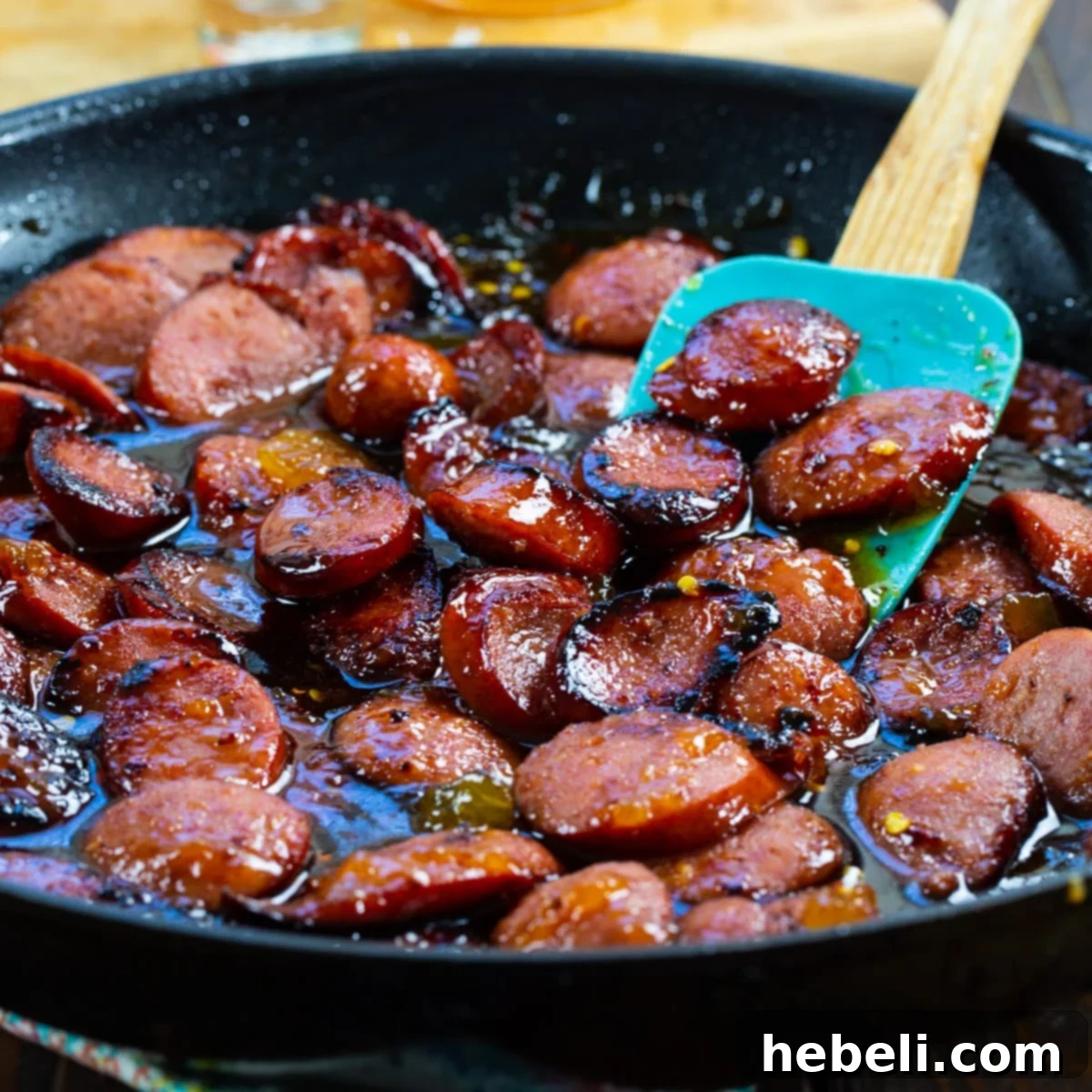 Spicy Peach Glazed Kielbasa in a skillet, coated in a glistening sweet and spicy sauce.