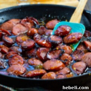 Spicy Peach Glazed Kielbasa, ready to serve.