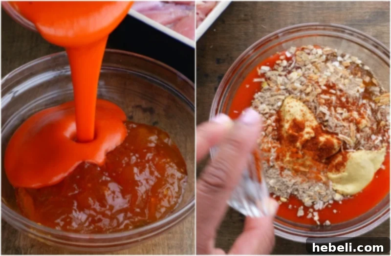 Close-up shot of the apricot glaze ingredients being mixed in a bowl.