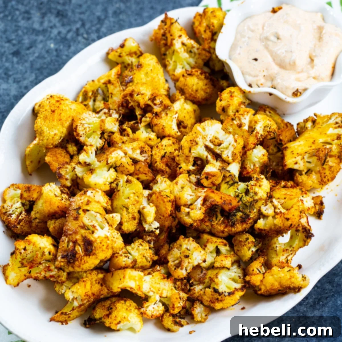 Fiery Cajun Cauliflower Bites 2 Crispy Cajun Roasted Cauliflower florets on a serving plate, accompanied by a small bowl of creamy Remoulade sauce for dipping.