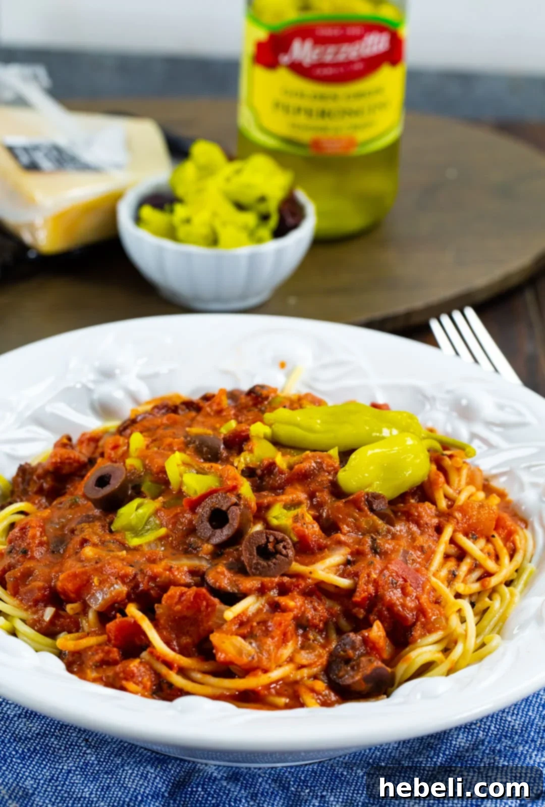 Pepperoncini Pasta Sauce mixed with spaghetti.