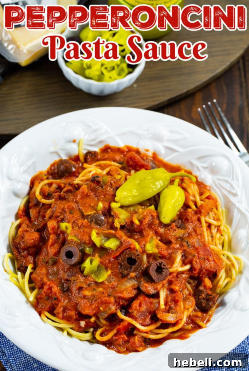 Pepperoncini Pasta Sauce mixed with pasta.