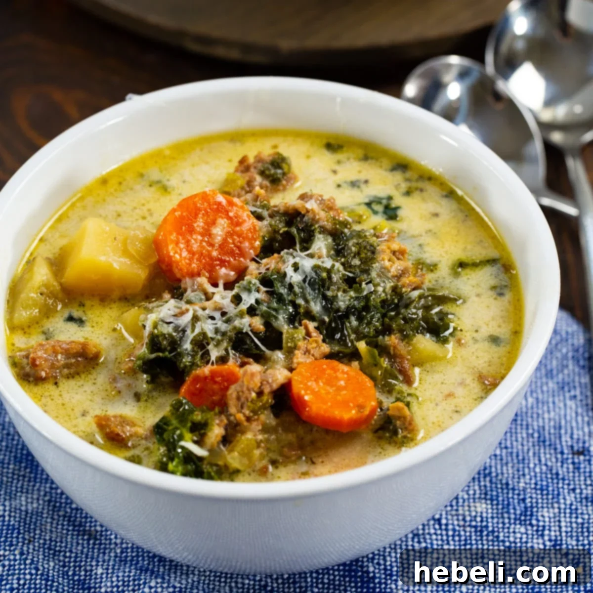 Slow Cooker Tuscan Sausage Soup in a rustic white bowl, garnished with fresh herbs.