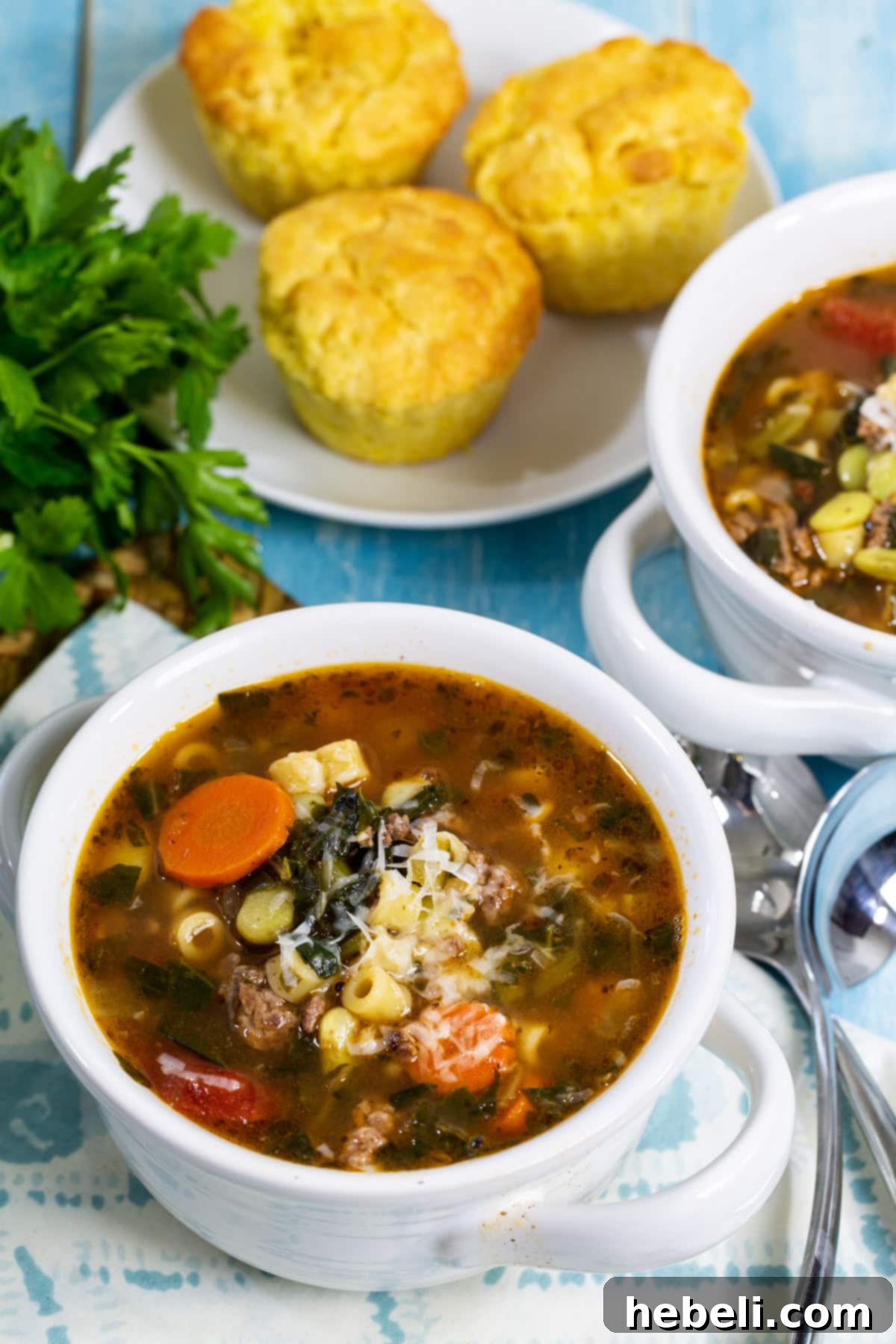 Several bowls filled with hot Southern Minestrone, garnished with fresh parsley and grated Parmesan cheese, ready to be served.