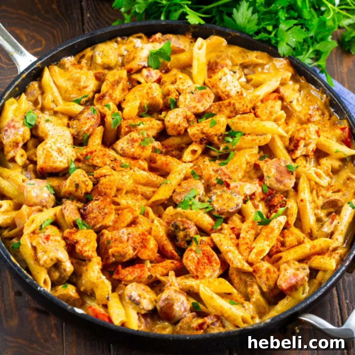 Bold & Creamy Cajun Chicken Pasta 2 Creamy Cajun Chicken Pasta with Andouille sausage and vegetables in a cast iron skillet, ready to serve.