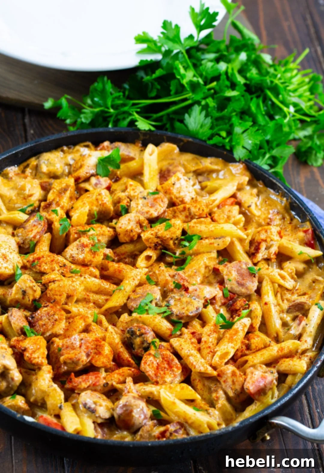 Bold & Creamy Cajun Chicken Pasta 3 Cooked chicken and sausage pasta in a skillet, garnished with fresh parsley.