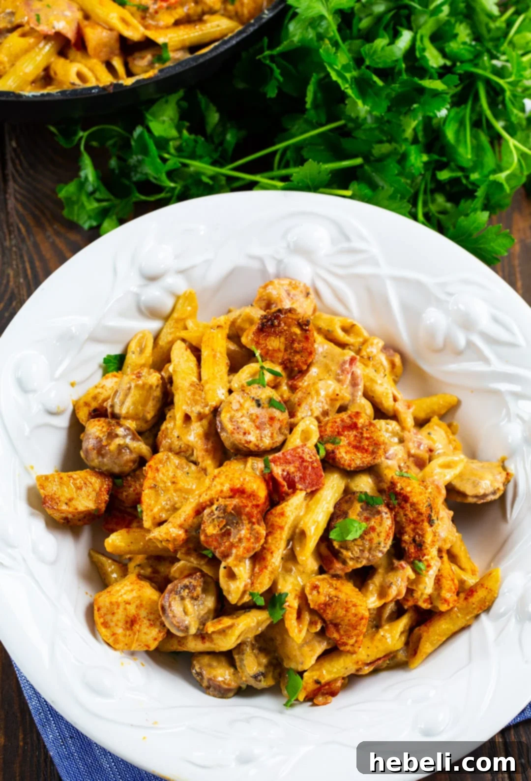 Bold & Creamy Cajun Chicken Pasta 4 A large serving bowl filled with creamy Cajun Chicken Pasta, garnished with fresh parsley.