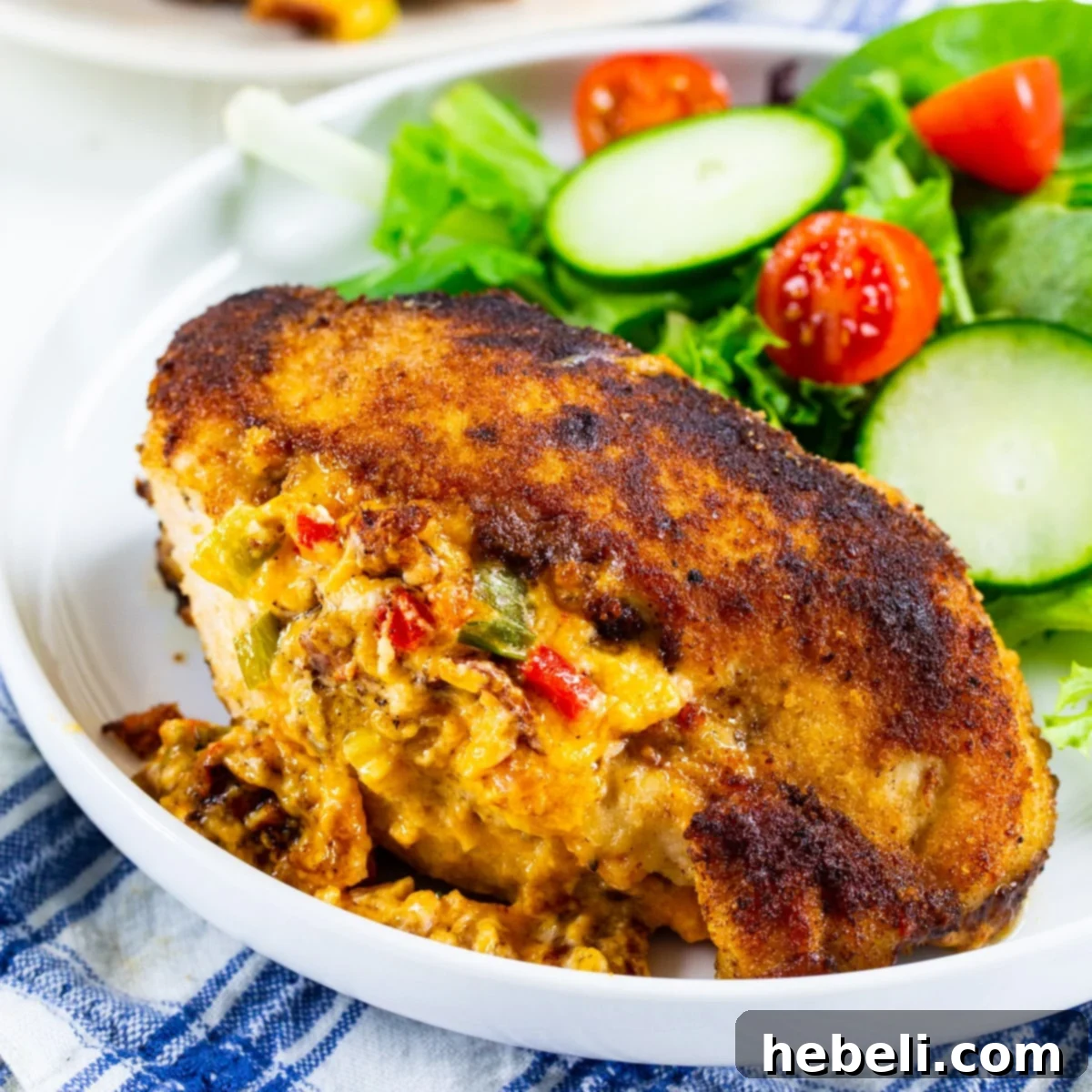 Creamy Pimento Cheese Stuffed Chicken 2 Pimento Cheese Stuffed Chicken on plate with fresh salad, showcasing a golden-brown crispy crust.