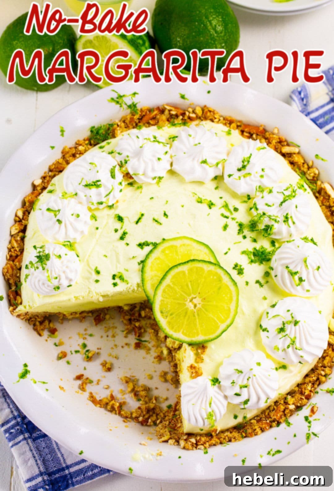 Effortless Margarita Dream Pie 6 A complete No-Bake Margarita Pie sitting in a deep dish pie plate, ready to be served.
