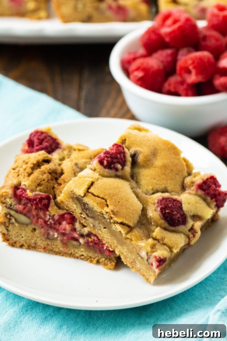 Two Raspberry Pecan Bars on a small white plate with fresh raspberries in the background, emphasizing their appealing texture and color.