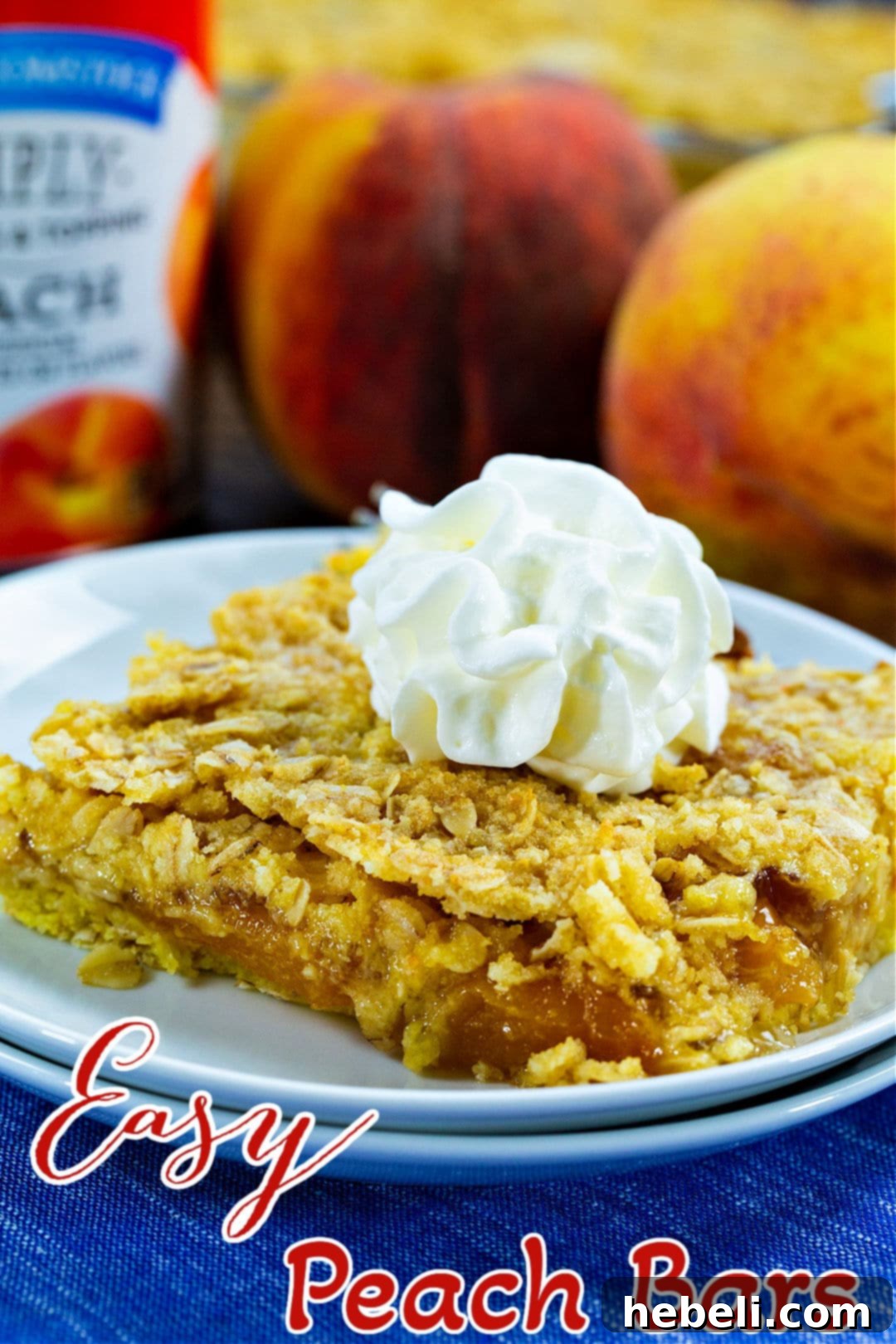 A single, delectable Easy Peach Bar placed on a white plate, ready to be enjoyed.