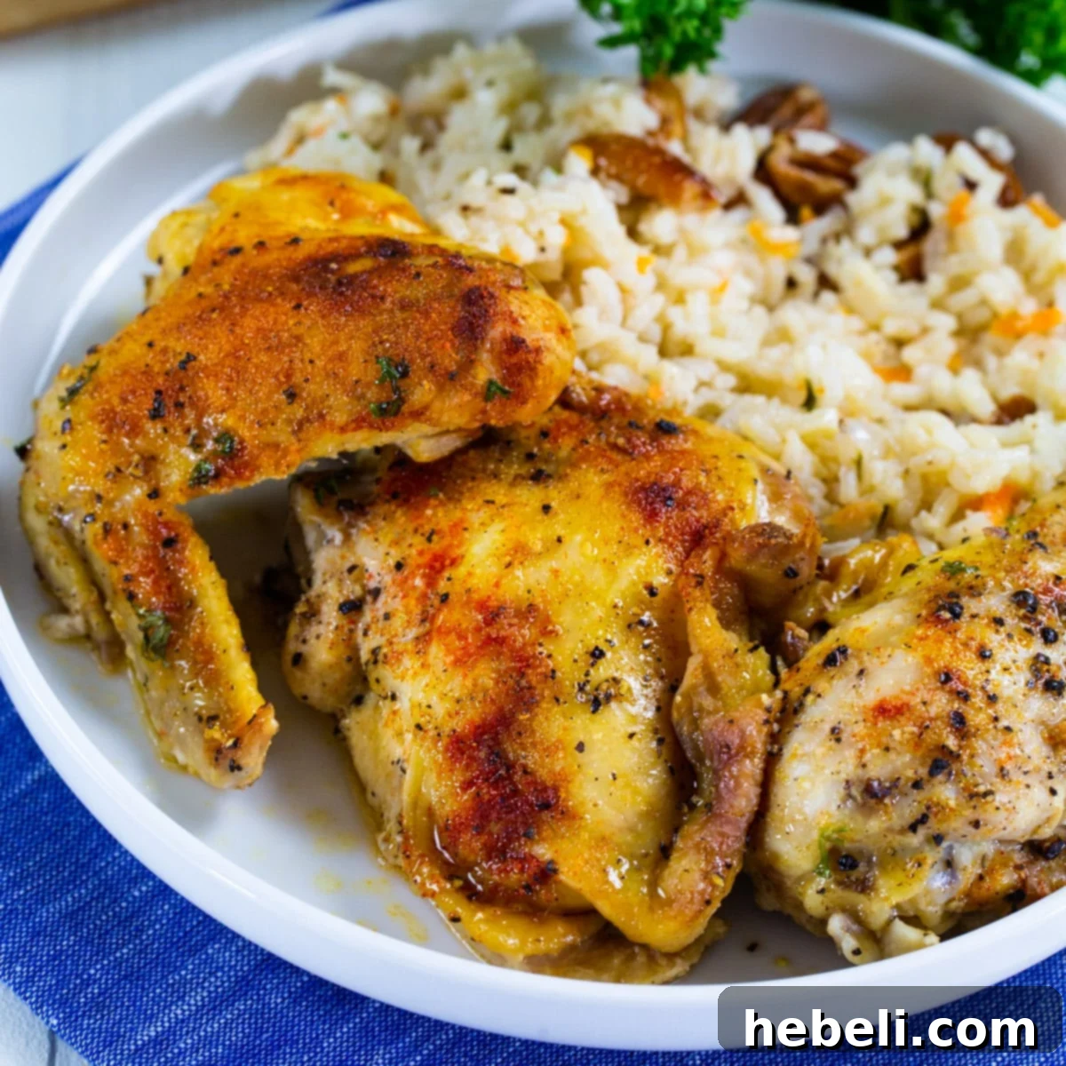 Classic Southern Baked Chicken 2 Southern Baked Chicken on a plate with rice, showcasing golden-brown skin and succulent meat.