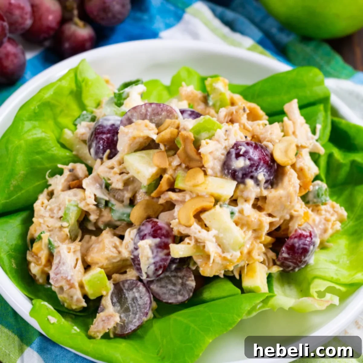 Exotic Mango Chicken Salad 2 Mango Chutney Chicken Salad on a bed of fresh, vibrant lettuce leaves, garnished and ready to be served as a light and refreshing meal.