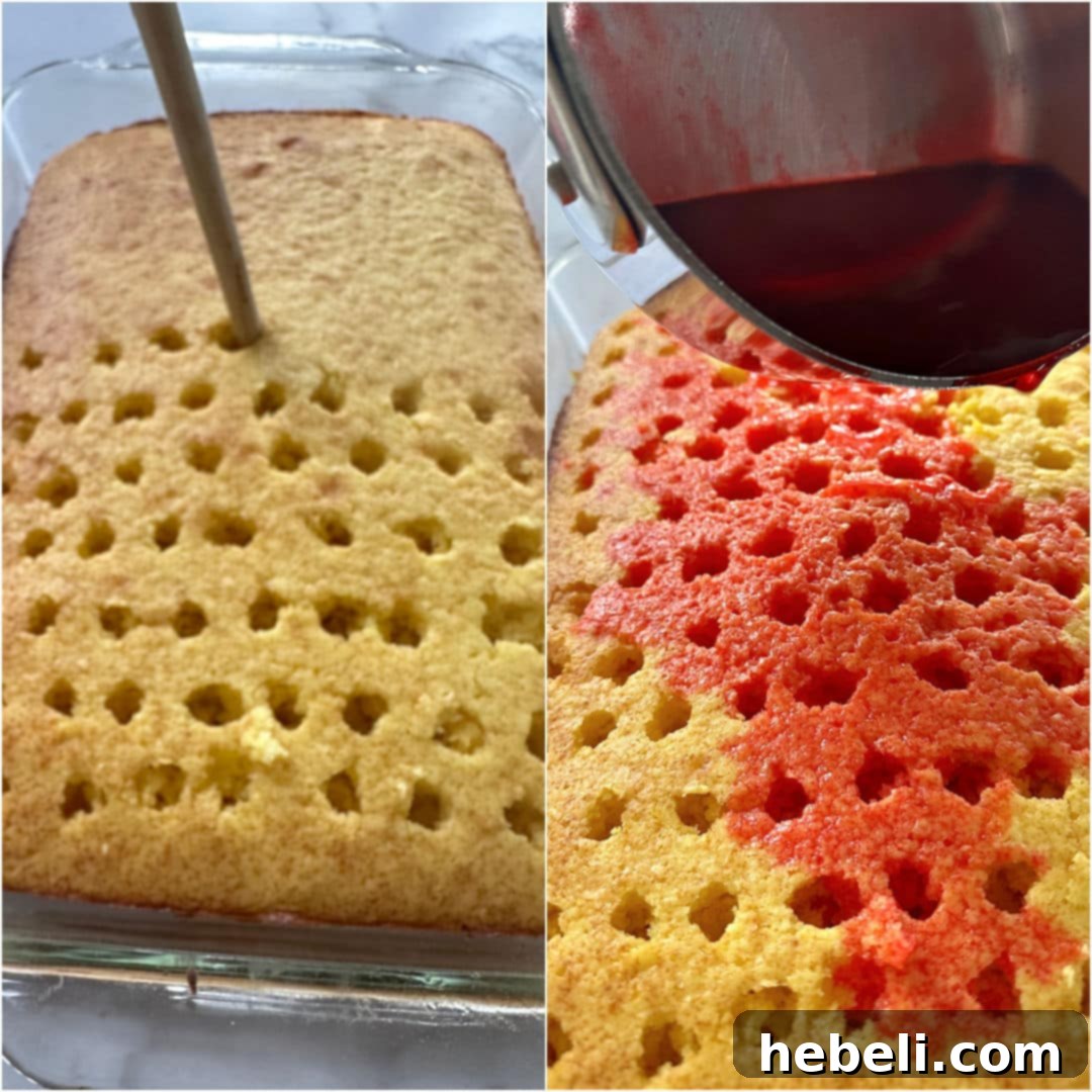 Close-up shot of a baked cake with holes being poked using a wooden spoon, followed by strawberry gelatin being poured over, demonstrating the poke cake method.