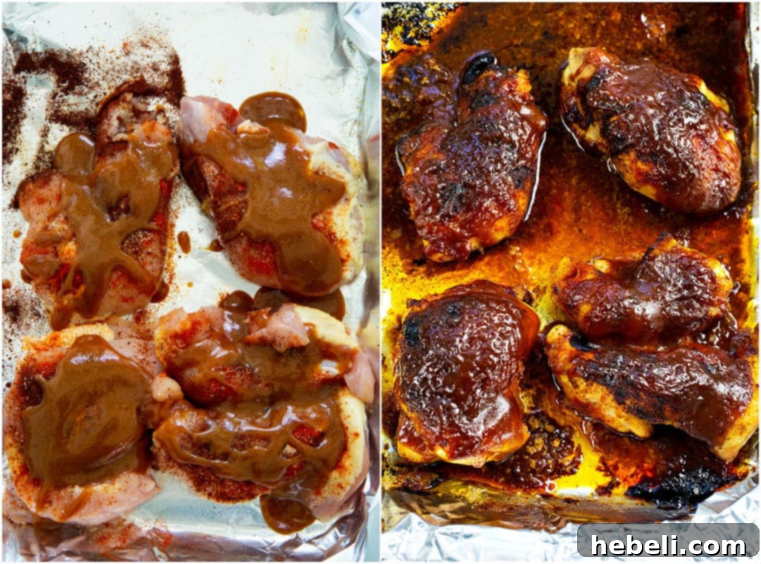 Molasses Mustard Glazed Chicken Thighs 3 Two images side by side: uncooked chicken thighs with spice rub on the left, and golden-brown Molasses Mustard Chicken Thighs on the right.