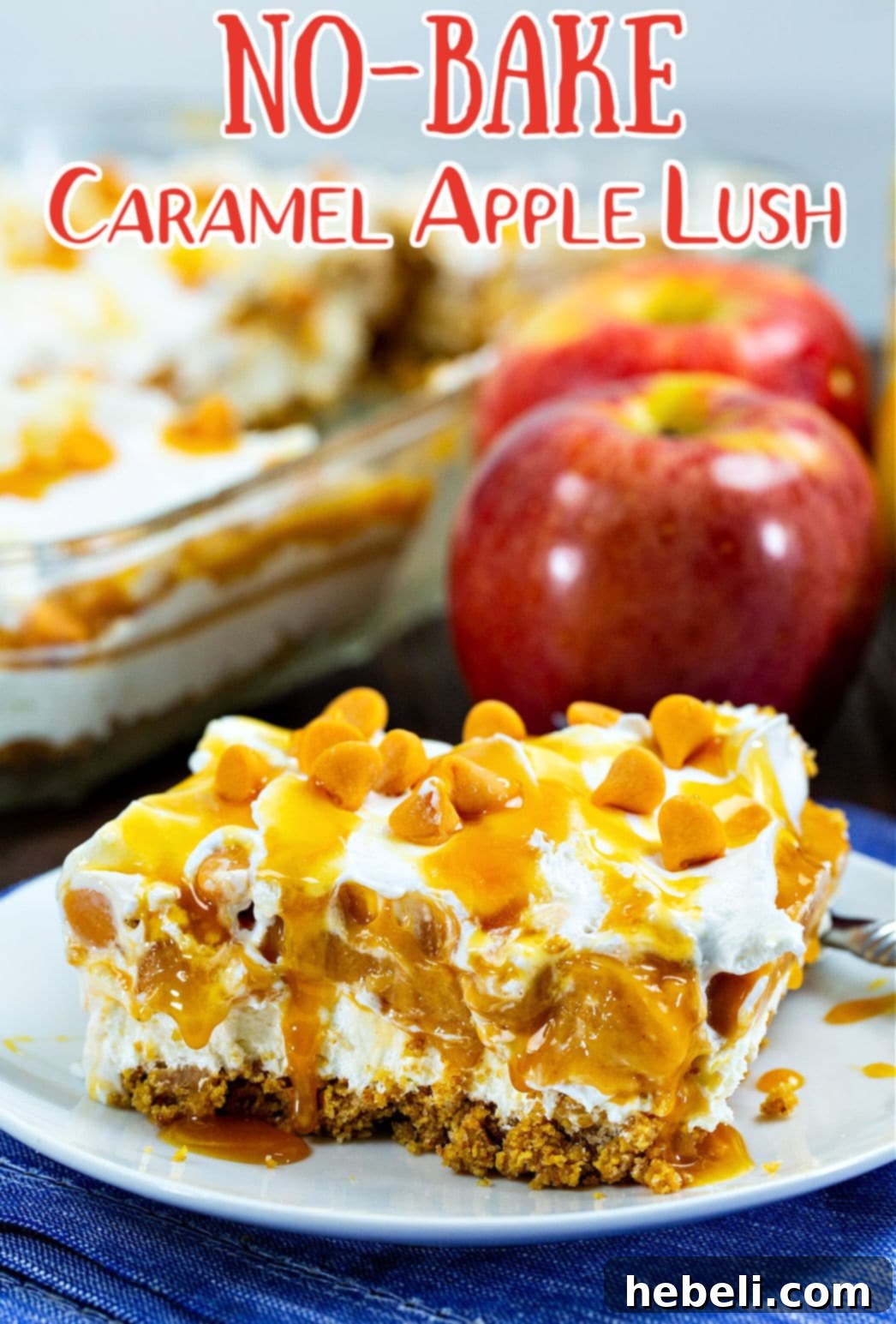 A close-up shot of a slice of Apple Lush on a plate, garnished beautifully.