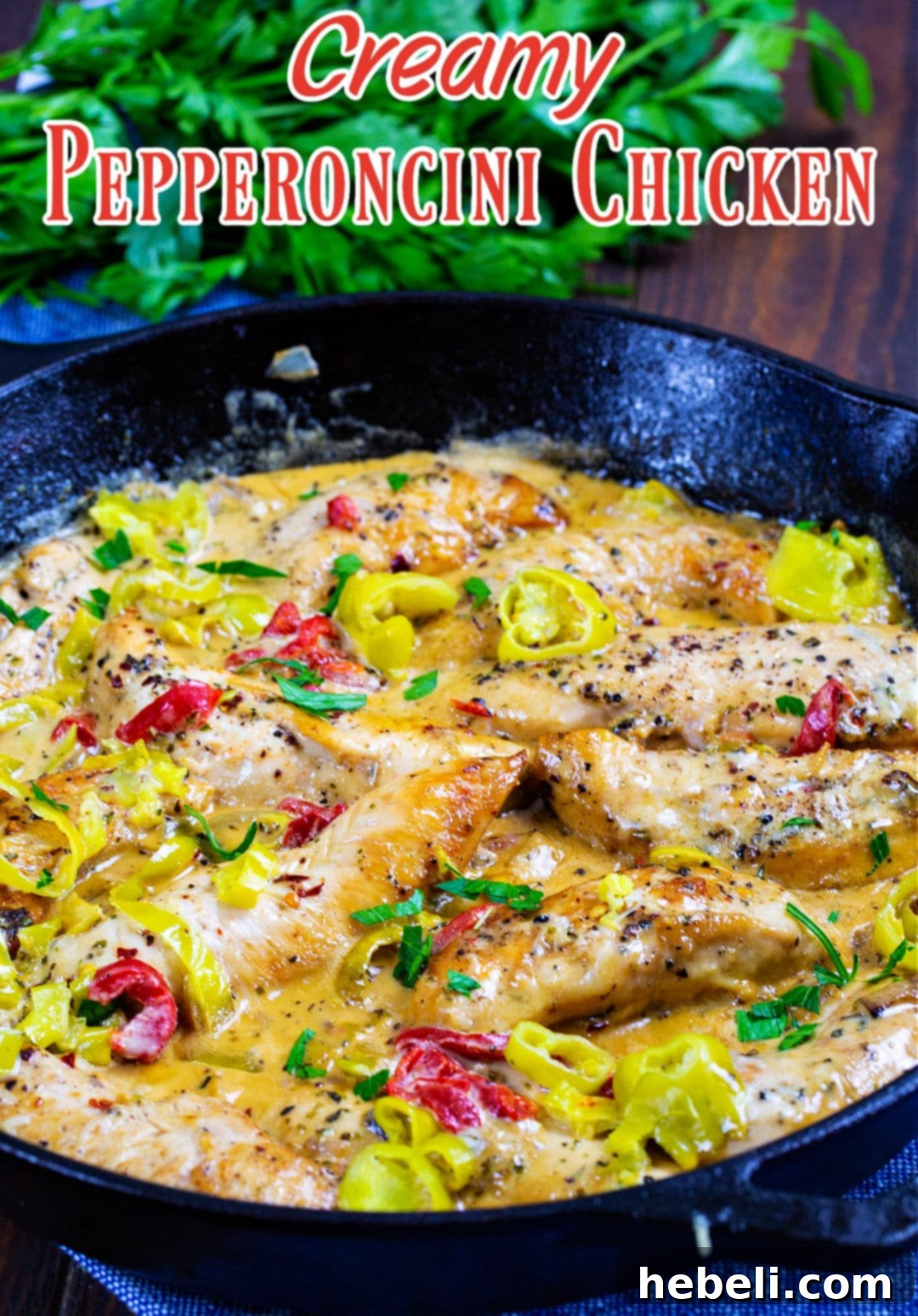 Creamy Pepperoncini Chicken in a skillet.