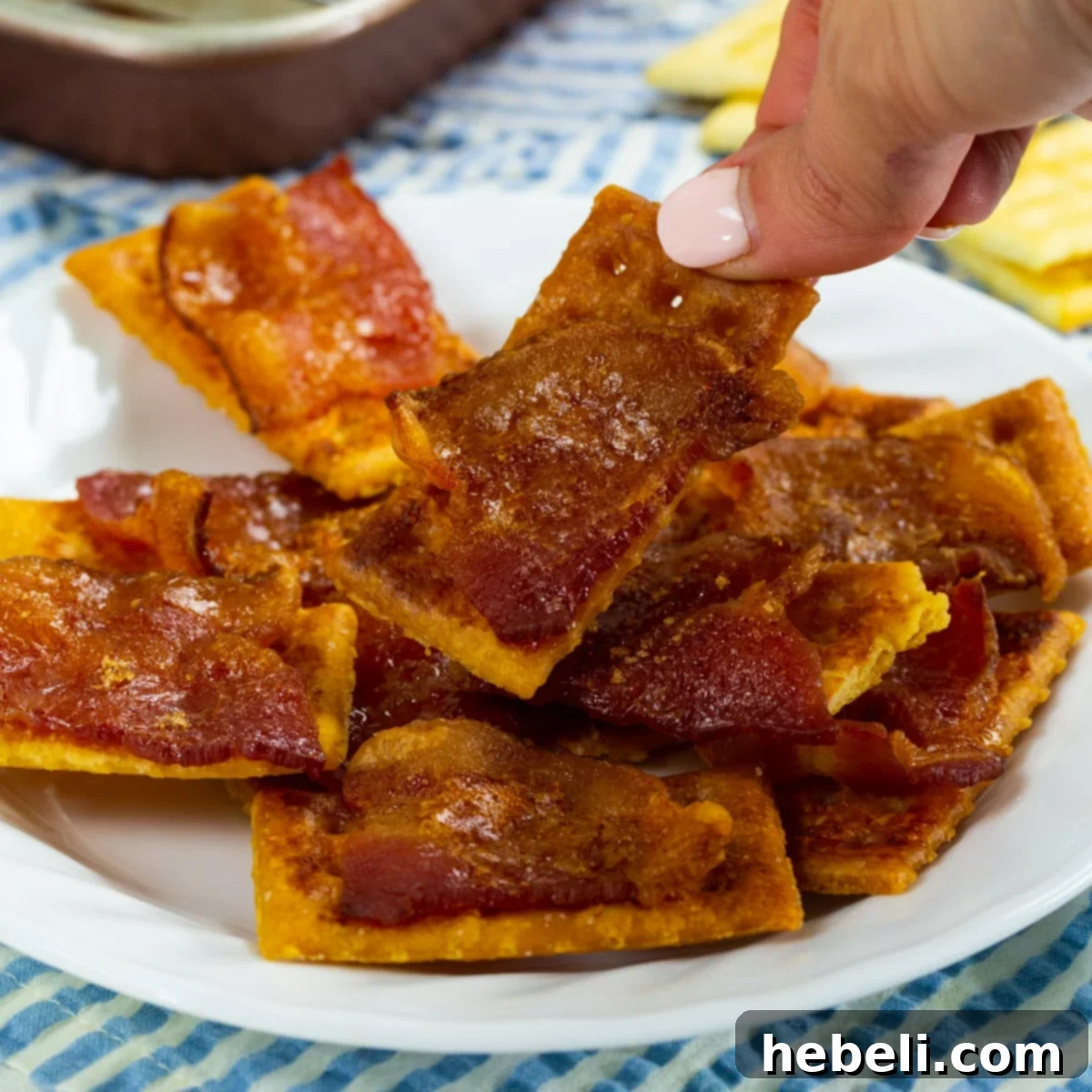 Sweet & Spicy Bacon Bites 2 Hand picking up a Spicy Candied Bacon Cracker.