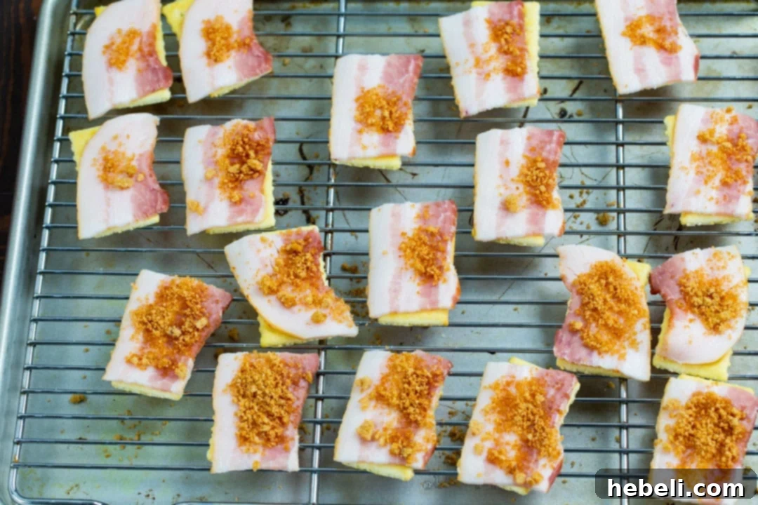 Sweet & Spicy Bacon Bites 3 Uncooked bacon pieces on top of crackers, ready for the oven.