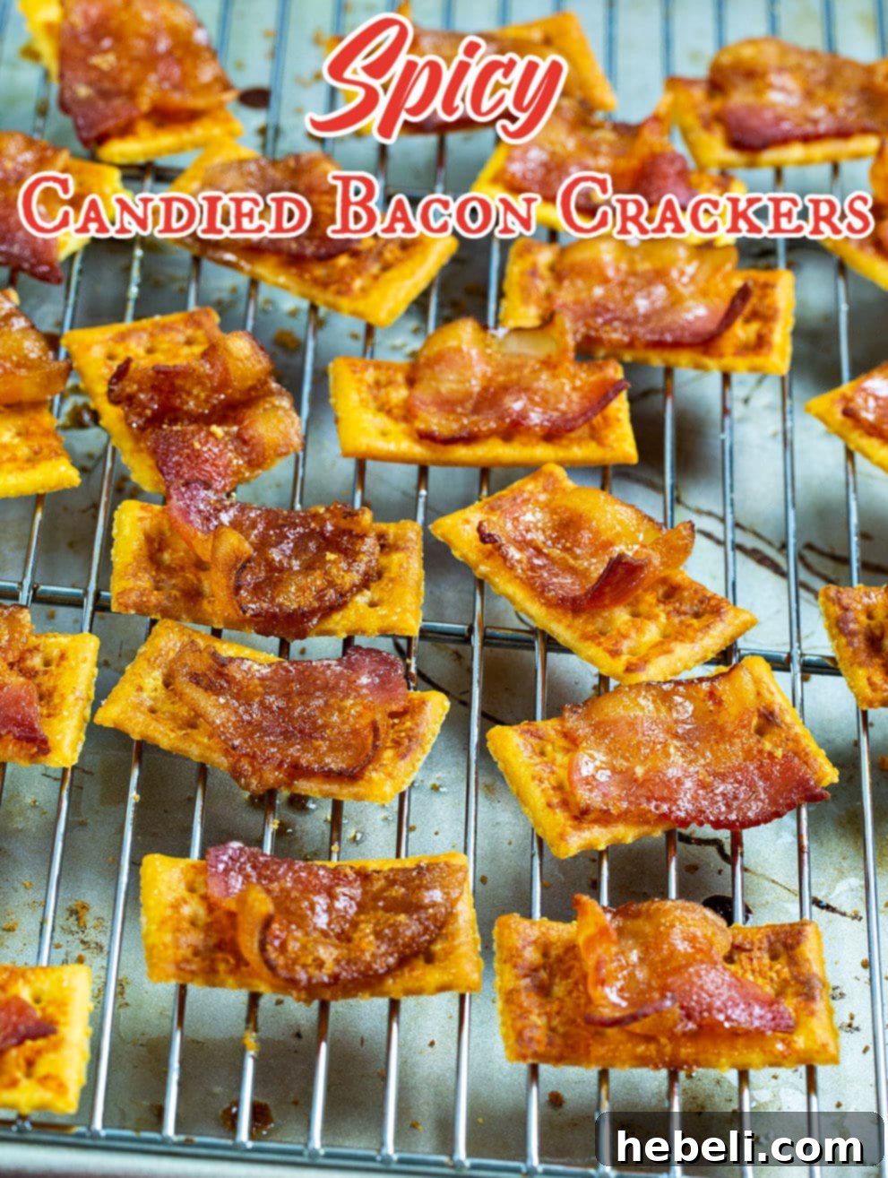 Sweet & Spicy Bacon Bites 5 Spicy Candied Bacon Crackers on wire rack ready for serving.