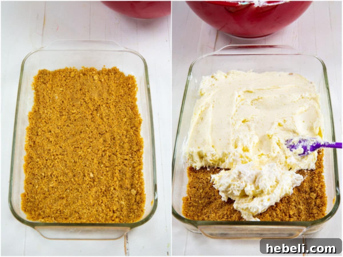 Decadent Pumpkin Delight 3 Close-up view of the golden graham cracker crust and the creamy white cream cheese layer of the Pumpkin Lush, showing perfect separation.