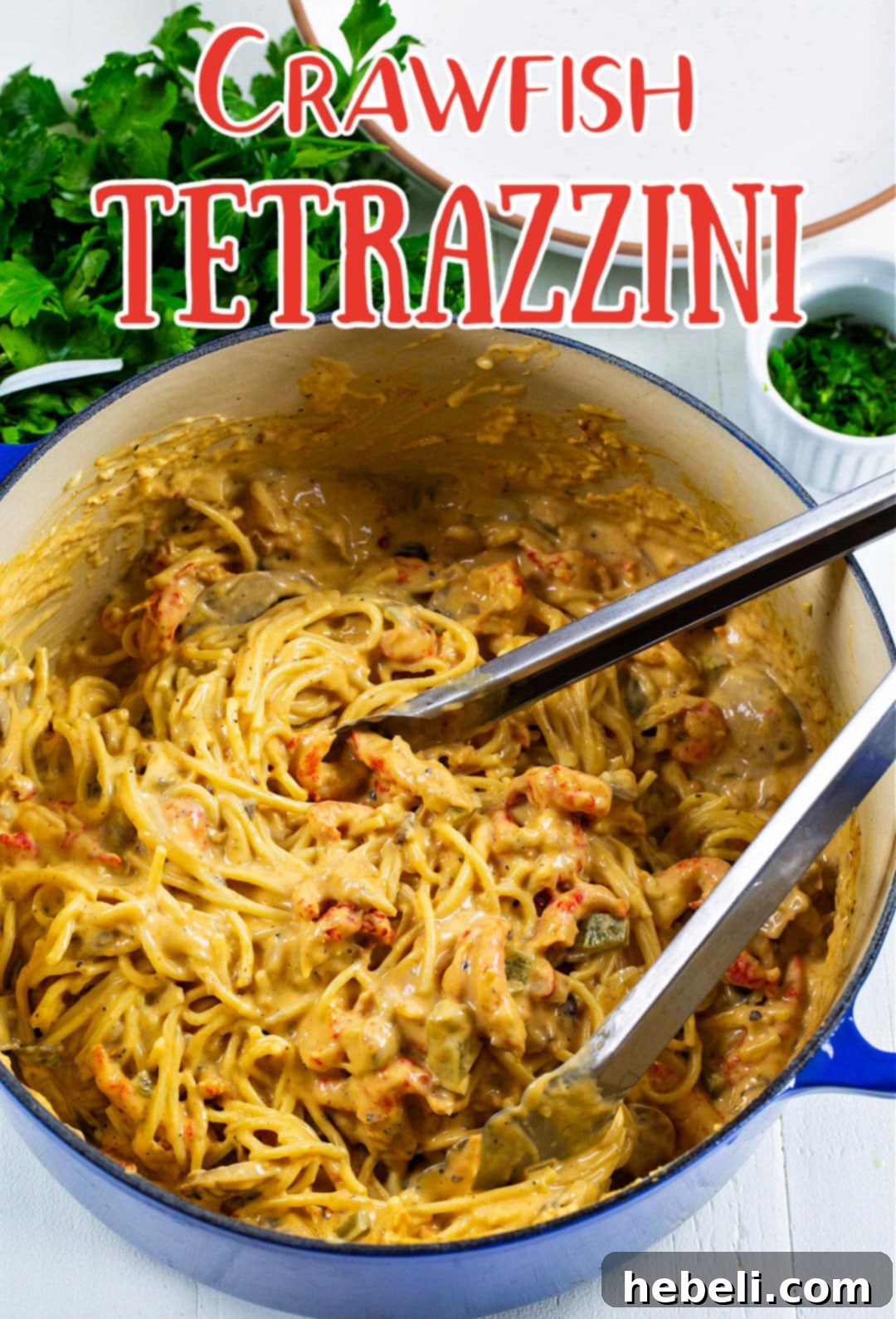 A close-up view of the rich and creamy Crawfish Tetrazzini simmering in a Dutch oven, perfectly illustrating the blend of pasta, sauce, and crawfish.