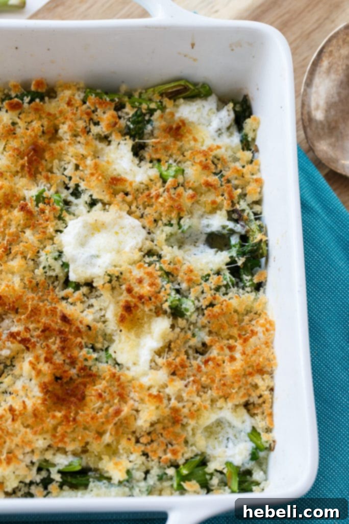 Close-up of a bubbling gratin featuring tender asparagus spears and luscious mascarpone cheese.