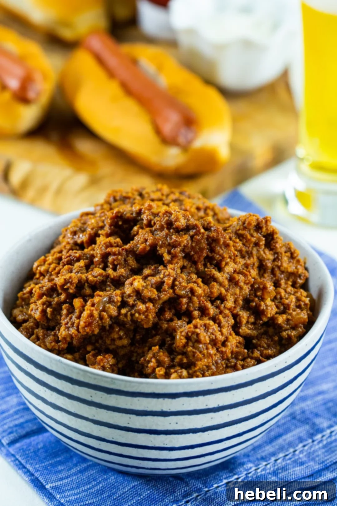 Bowl full of chili for hot dogs.