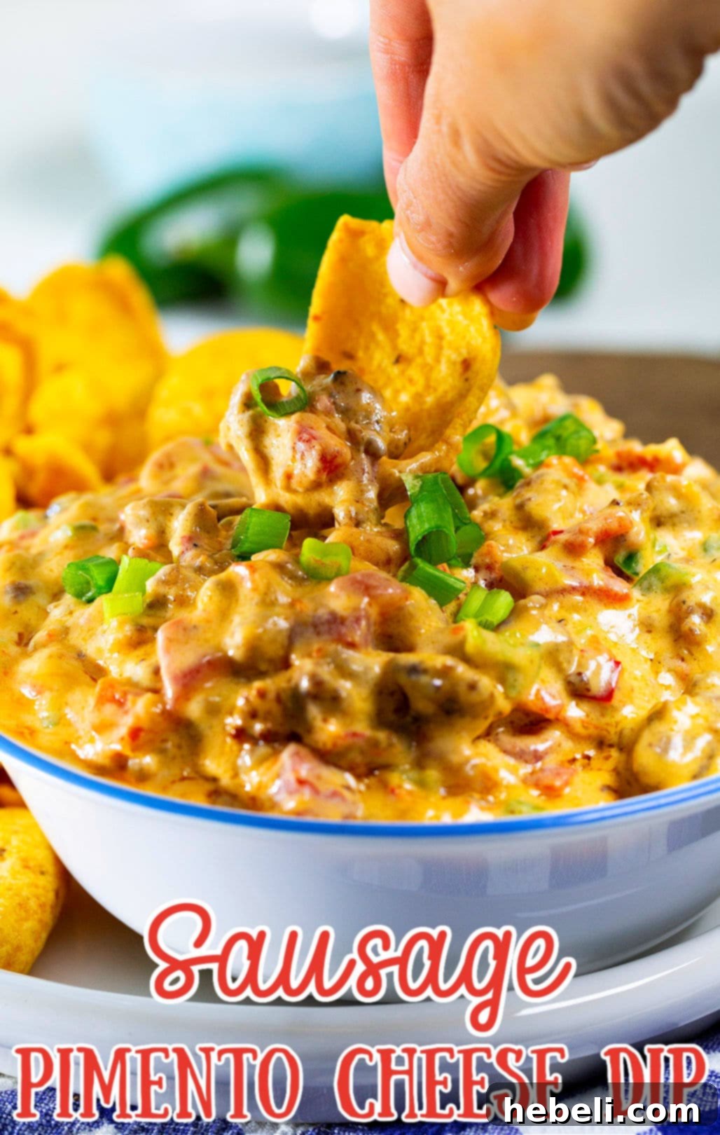Savory Sausage Pimento Cheese Dip 5 A corn chip perfectly loaded with creamy Sausage Pimento Cheese Dip.