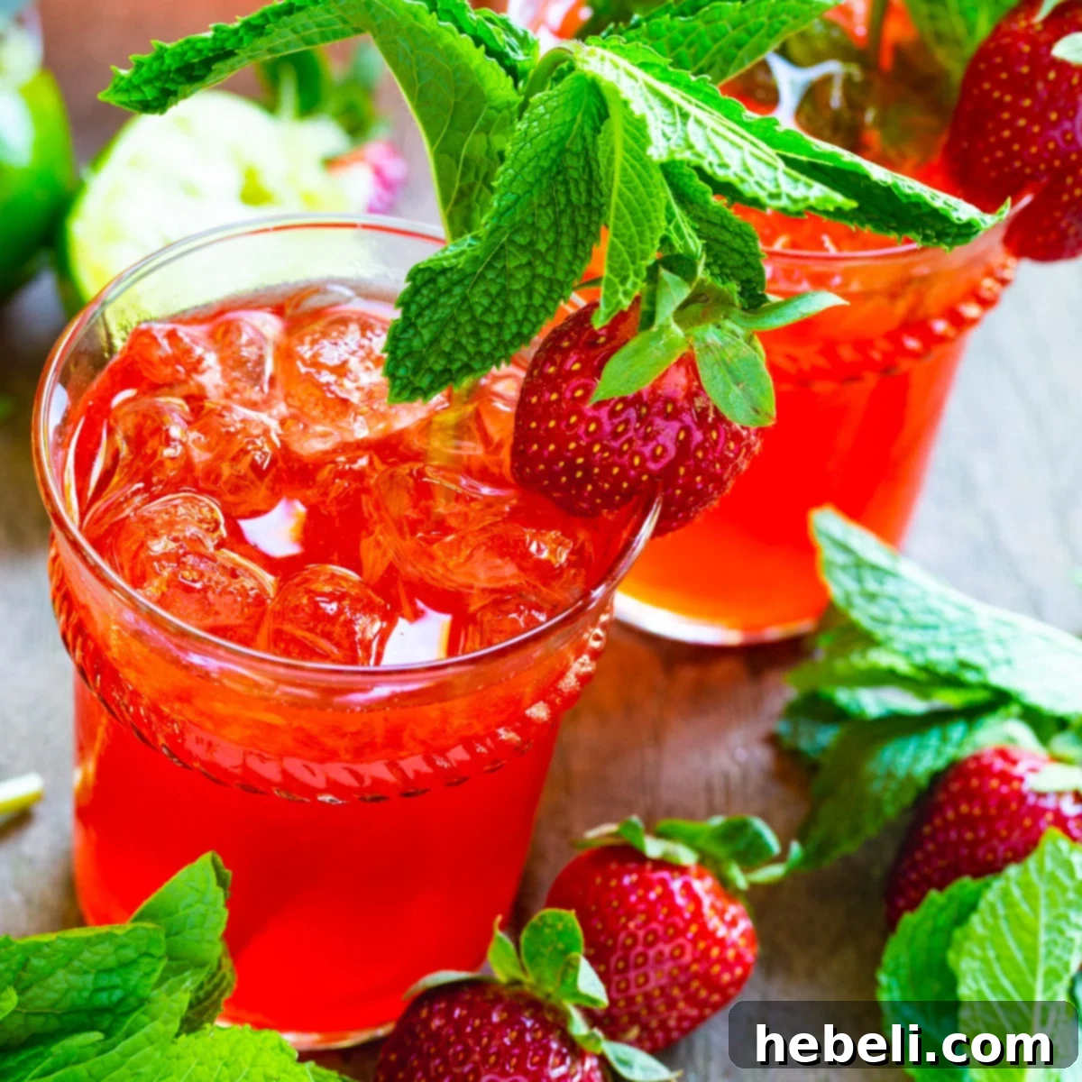 Sparkling Strawberry Mojito 2 Two vibrant Strawberry Mojitos in tall glasses, garnished with fresh mint leaves and whole strawberries, set against a bright background.
