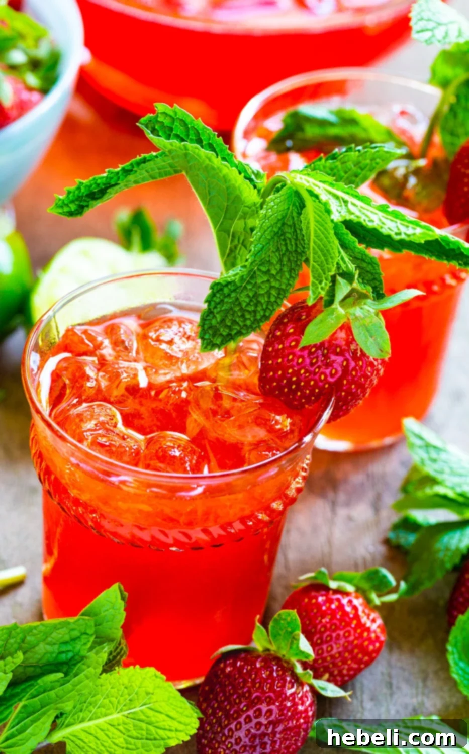 Sparkling Strawberry Mojito 3 A single Strawberry Mojito in a glass, generously garnished with fresh mint and a whole strawberry, highlighting its vibrant color.