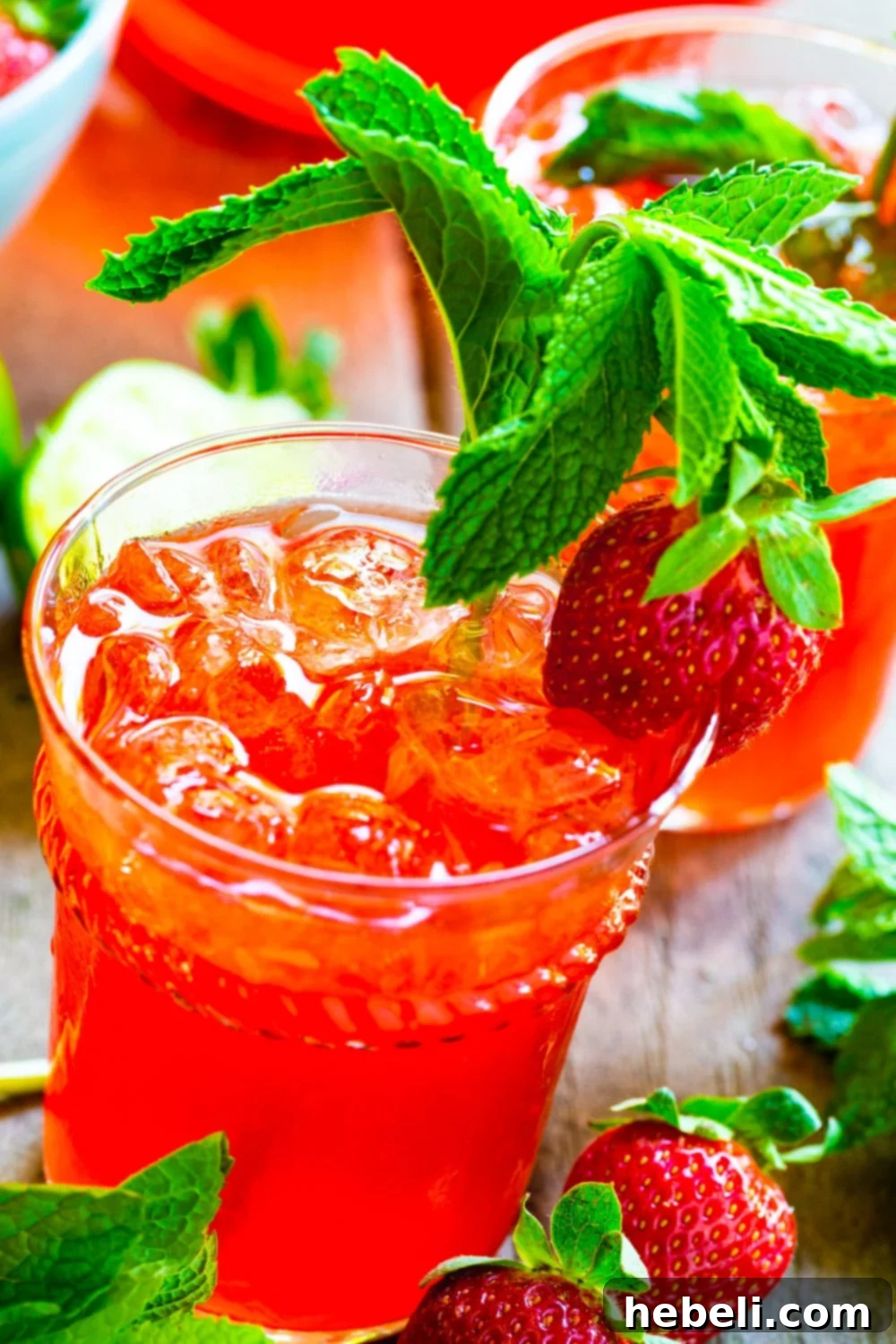 Sparkling Strawberry Mojito 4 Close-up shot of a Strawberry Mojito with condensation on the glass, showcasing its refreshing quality and garnishes.