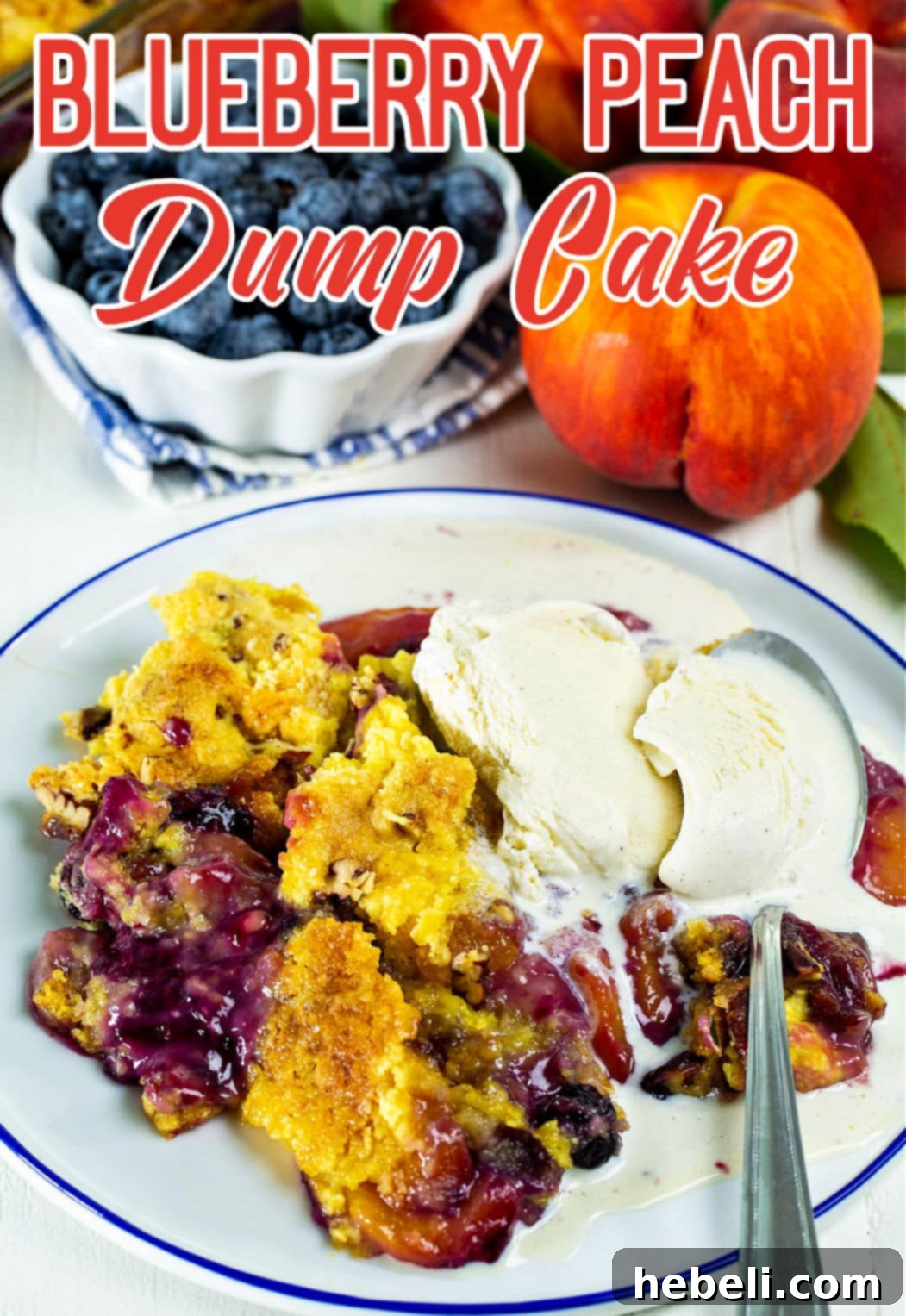 A close-up shot of a single serving of warm Blueberry Peach Dump Cake, beautifully topped with a melting scoop of creamy vanilla ice cream, promising a delightful dessert experience.