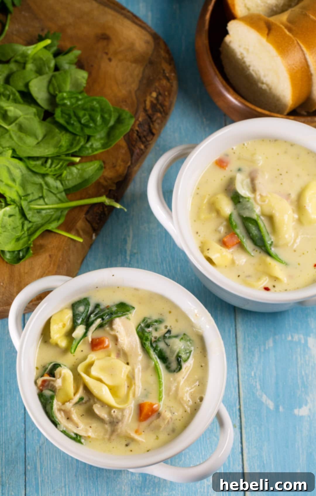 Bowls of Chicken Alfredo Tortellini Soup, garnished with fresh parsley and a sprinkle of Parmesan.