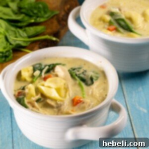 A small image of Chicken Alfredo Tortellini Soup in a bowl.