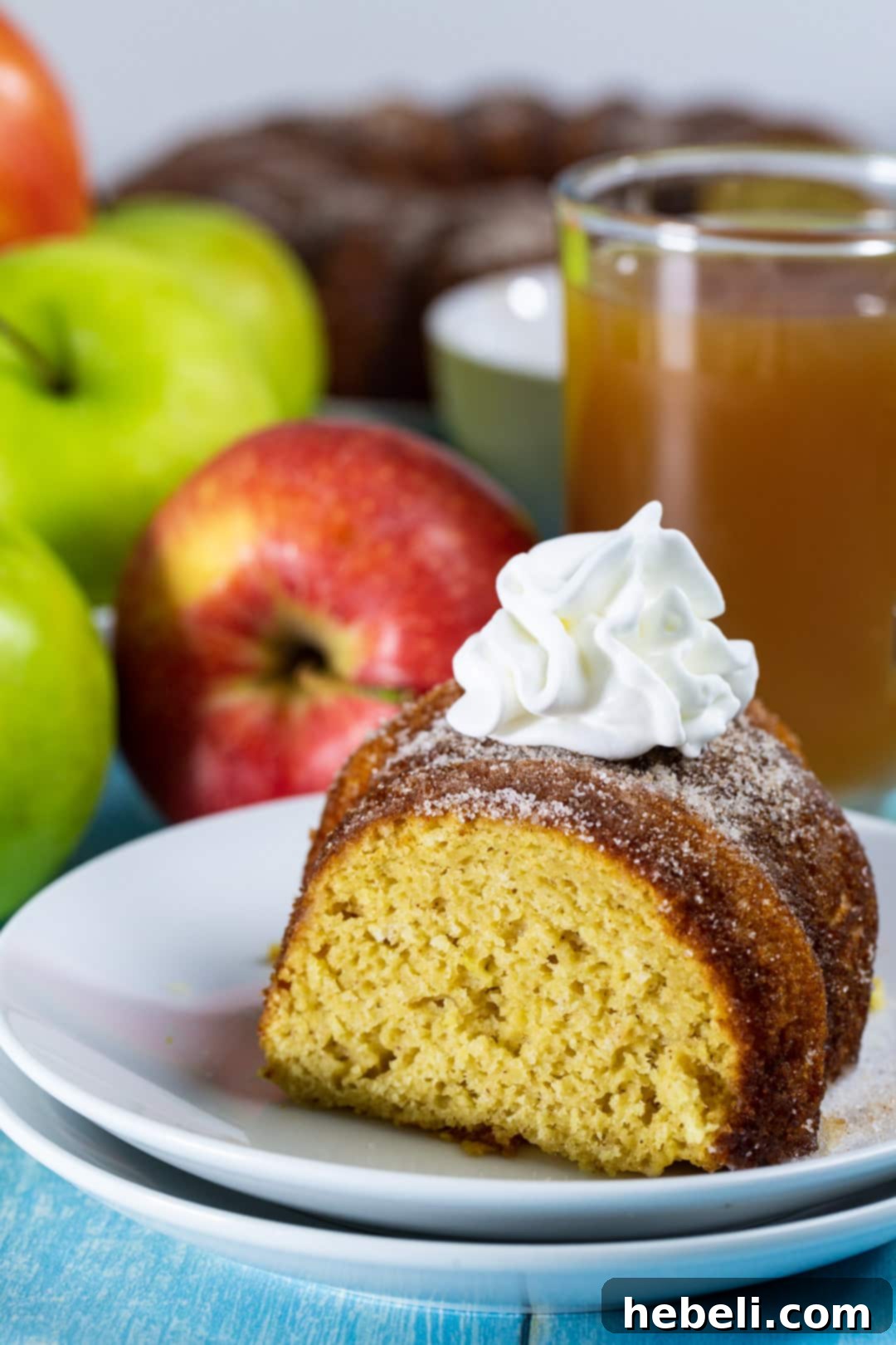 A beautiful slice of Apple Cider Bundt Cake topped with a generous dollop of whipped cream, showcasing its tender crumb.