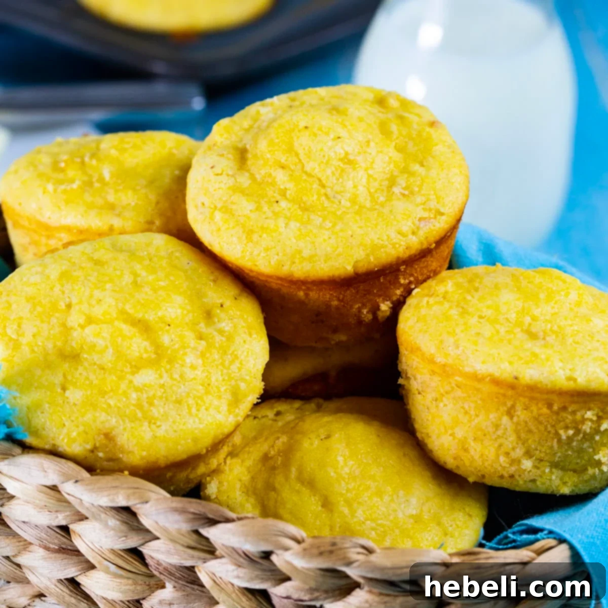 Golden brown Creamed Corn Cornbread Muffins in a rustic bread basket, ready to be served.