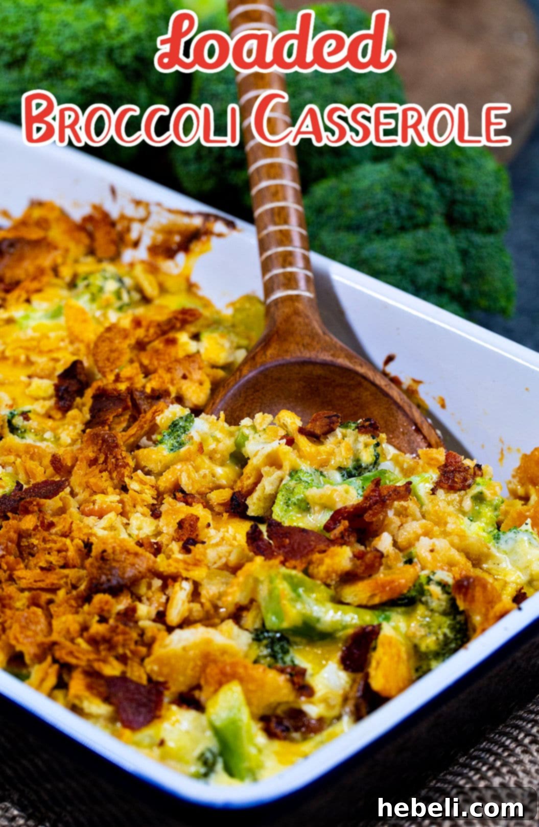 Broccoli Casserole with bacon in casserole dish.