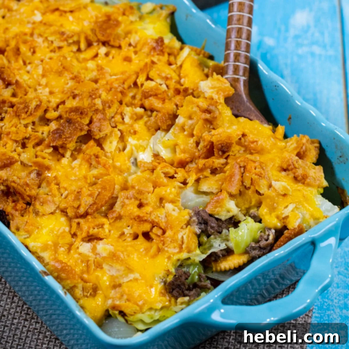 Comforting Beef and Cabbage Casserole 2 Hearty Cabbage Ground Beef Casserole in a baking dish, ready to be served.