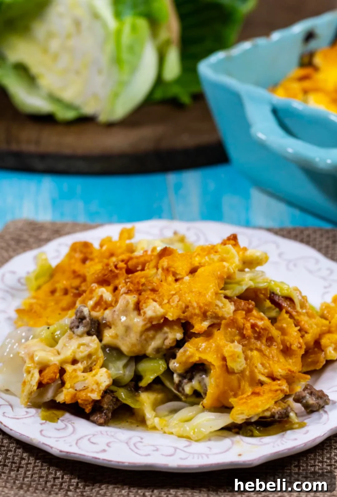 Comforting Beef and Cabbage Casserole 7 A single serving of Cabbage Ground Beef Casserole plated beautifully, ready to be enjoyed.