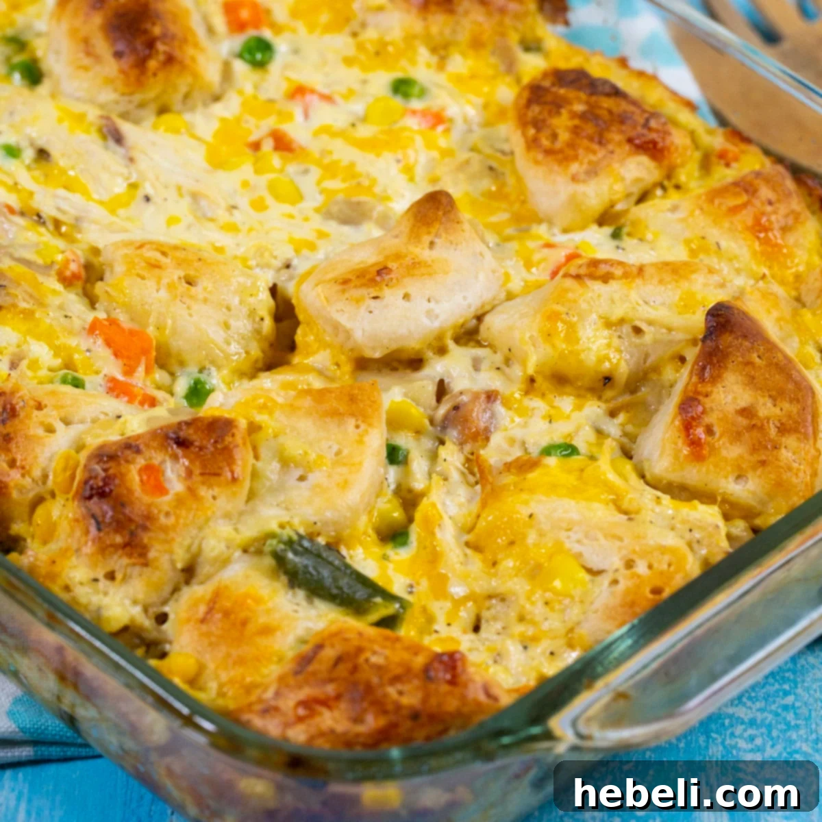 Fluffy-Topped Chicken Pot Pie Casserole 2 Golden-brown Chicken Pot Pie Bubble Up casserole in a baking dish, fresh from the oven, with steam gently rising and biscuit pieces beautifully baked.