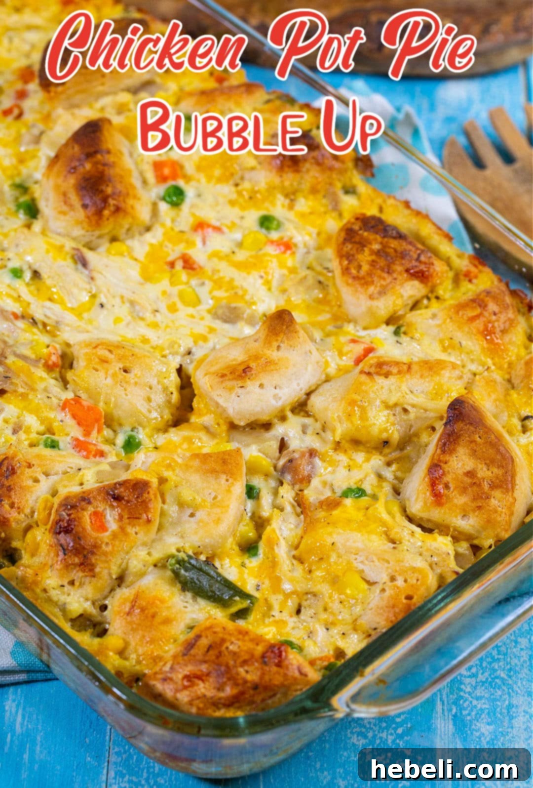 Fluffy-Topped Chicken Pot Pie Casserole 5 The baked Chicken Pot Pie Bubble Up casserole, perfectly golden and bubbly, in its baking dish, fresh from the oven.