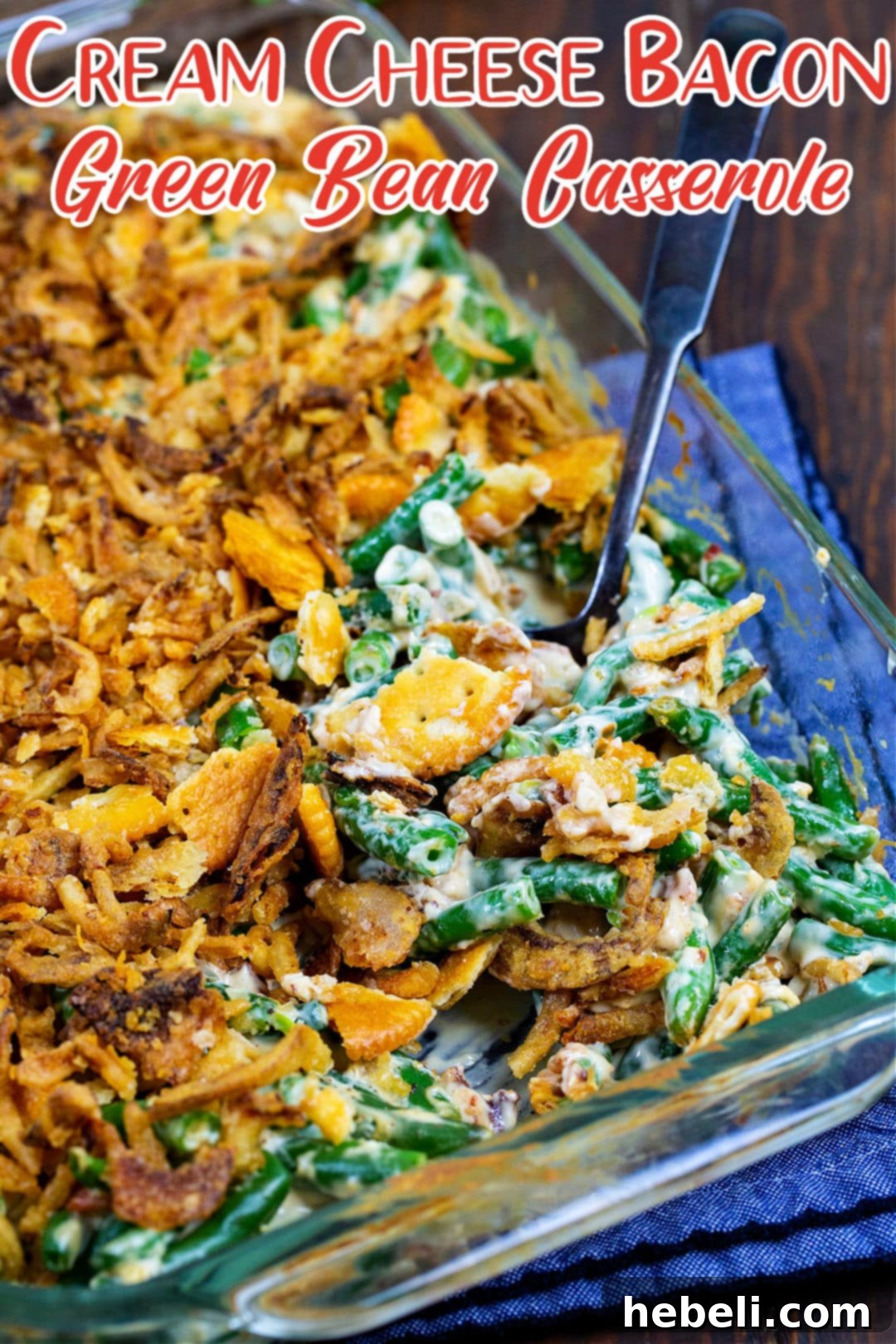 Cream Cheese Bacon Green Bean Casserole in casserole dish.