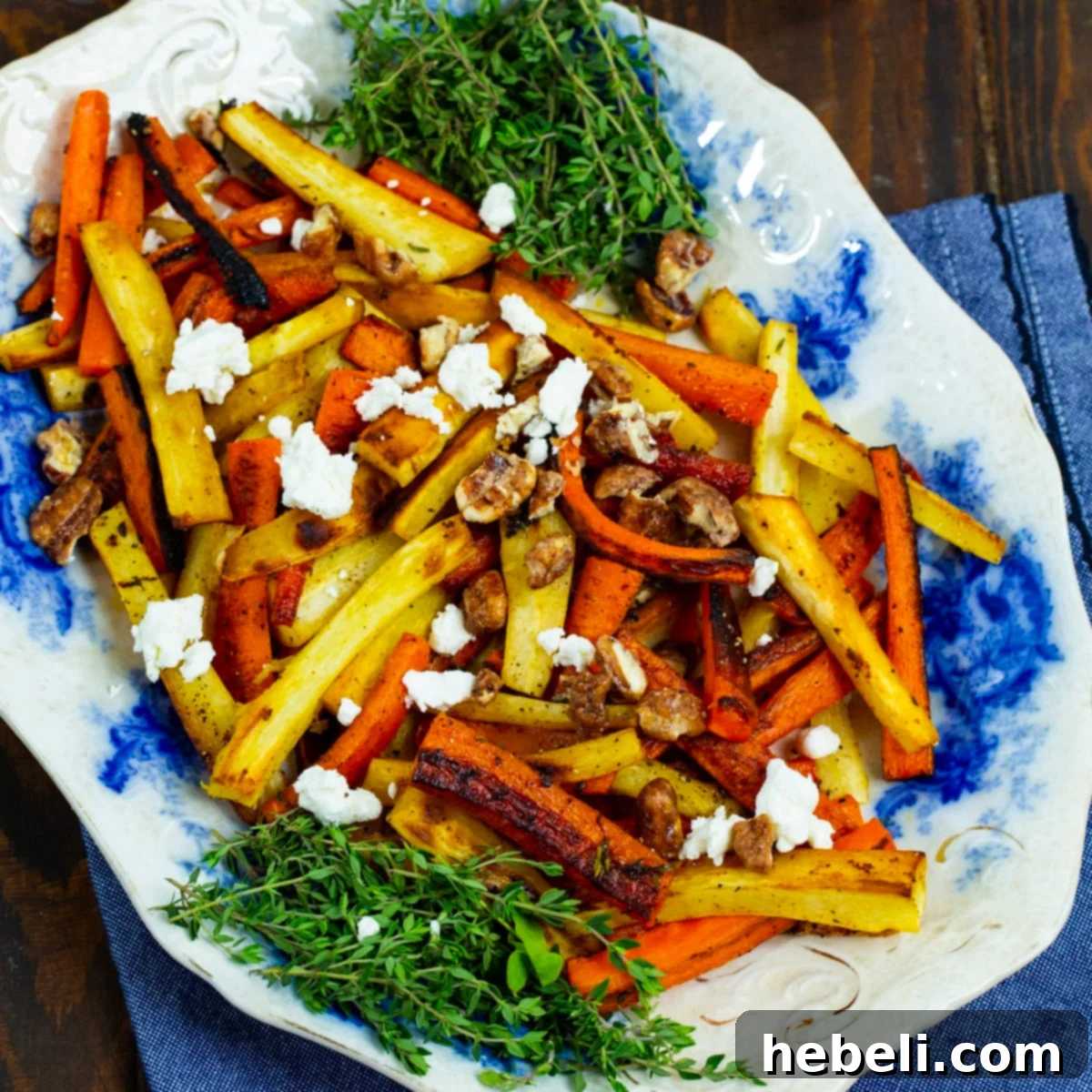 An artfully arranged serving plate of perfectly roasted carrots and parsnips, adorned with crunchy candied pecans and delicate crumbled goat cheese. The vegetables showcase a beautiful golden-brown caramelization, hinting at their sweet and savory flavor.