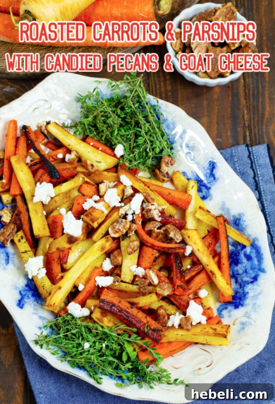 Beautifully presented Roasted Carrots and Parsnips with Candied Pecans and Goat Cheese, glistening with glaze, in a rustic serving bowl, ready for the table.