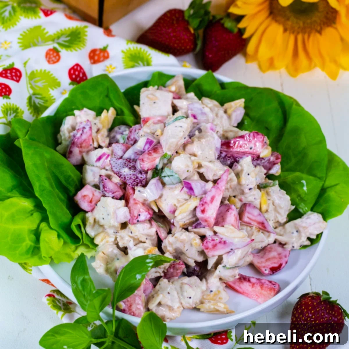 A beautifully plated Strawberry Chicken Salad on a bed of fresh lettuce, ready to be enjoyed.