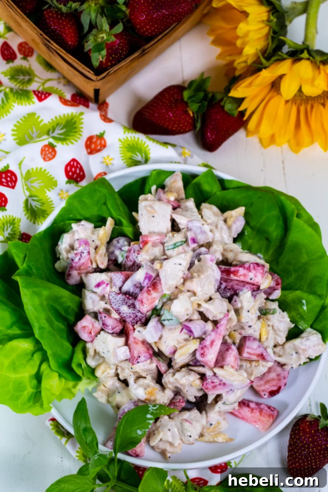 A close-up of Strawberry Chicken Salad artfully arranged on a bed of fresh greens.