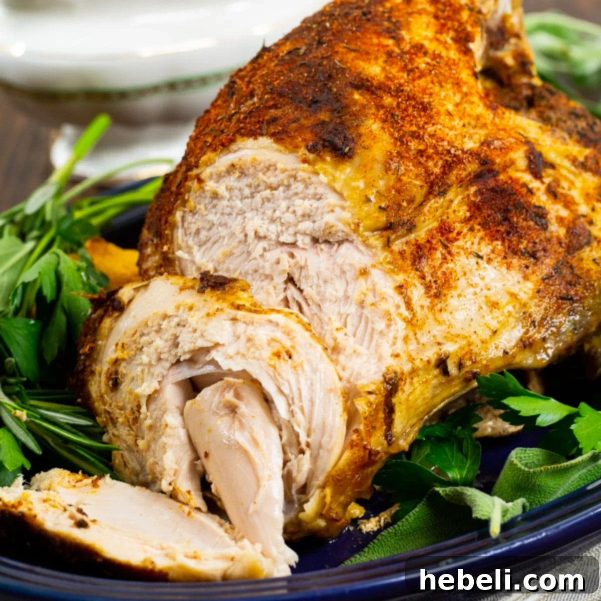 Tender Cajun Slow Cooker Turkey 2 Beautifully carved Slow Cooker Cajun Turkey Breast, showcasing its juicy, tender meat and golden-brown skin, ready to be served.